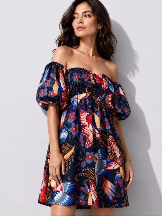 FARM Rio Dresses & Skirts - FARM RIO Tropical Bird Print Puff Sleeve Mini Dress Size L